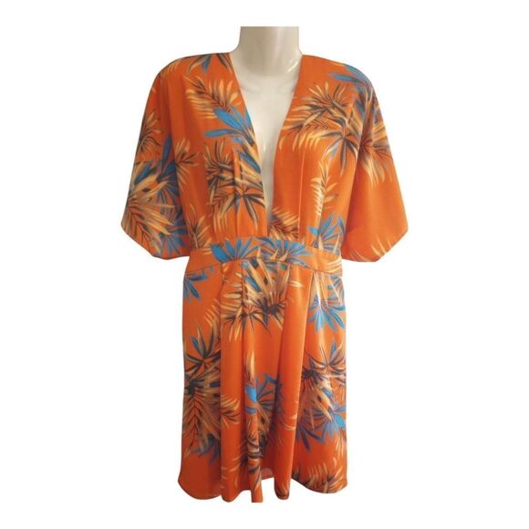 Tropical Print Mini Dress Deep V Cut Front And Back Belted Pleated Front - Picture 2 of 10